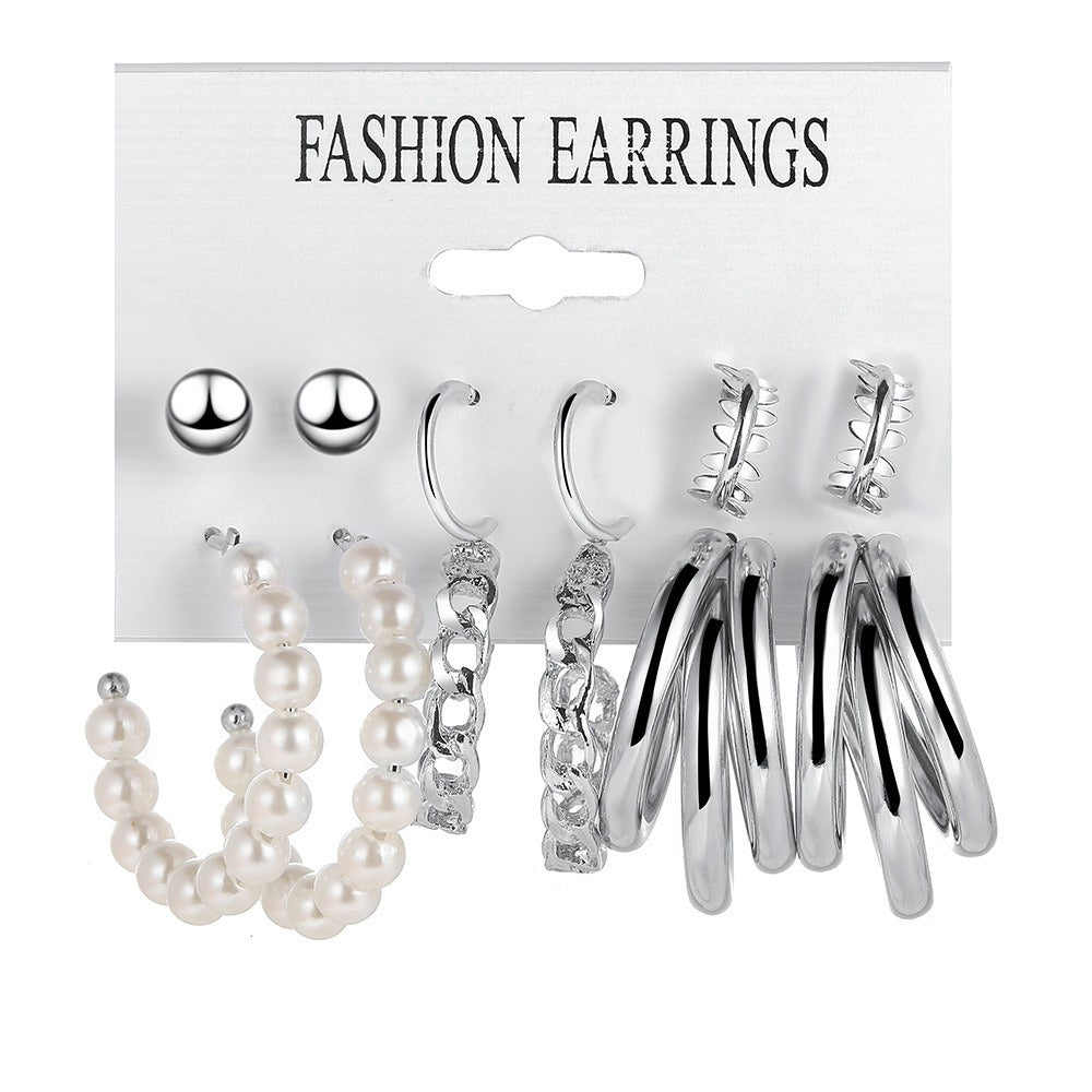 Earrings 3-piece set of geometric pearl circle earrings, chain earrings, round bead earrings, combination set