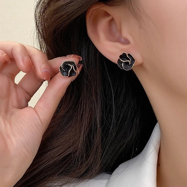 S925 Silver Needle French Camellia Earrings Red Flower Earrings
