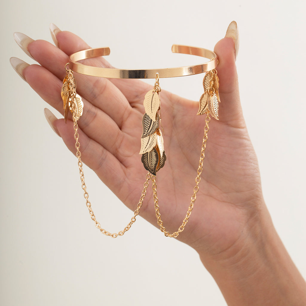 Simple All-Match Street Beat Open Jewelry Geometric Leaves Tassel Chain Pendant Arm Bracelet Woman