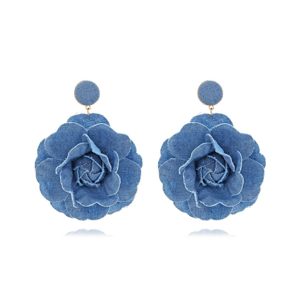 Handmade denim flower earrings vintage fabric rose flower earrings