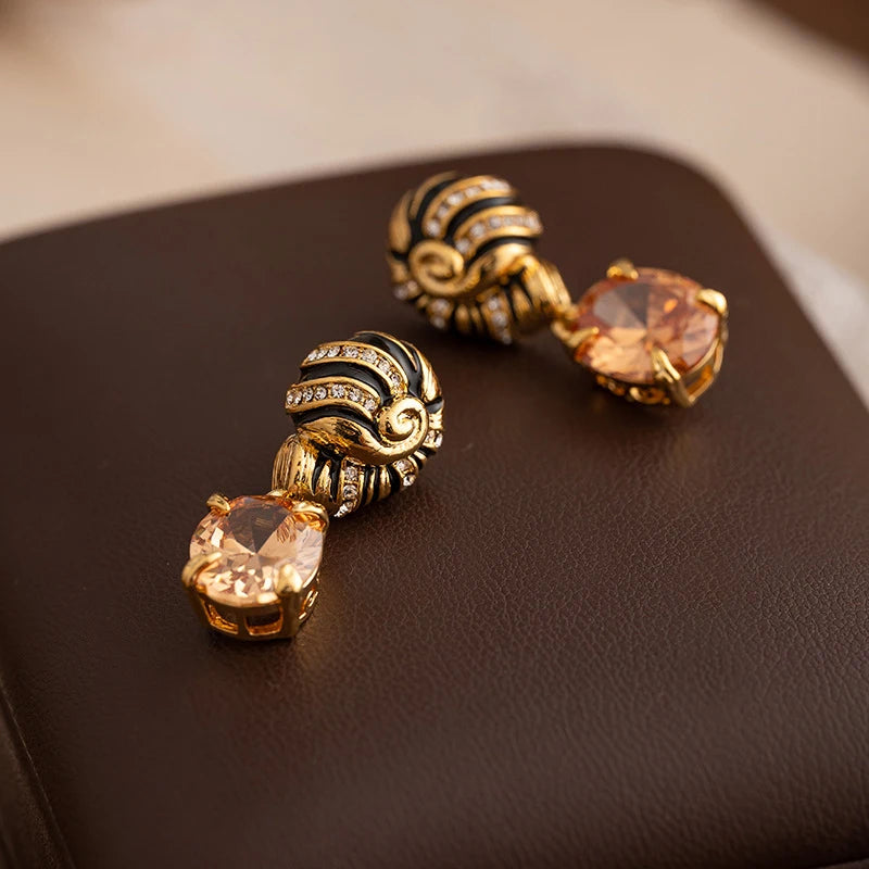 Drip Oil Palace Style Zircon Stone Pendant Earrings, Screw Earrings