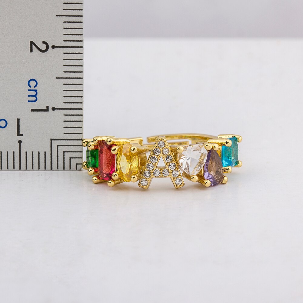 Hot Sale Adjustable A-Z Initial Ring Bohemian Copper Zircon  Rainbow Letter Rings for Women Girls Party Wedding Jewelry Gift