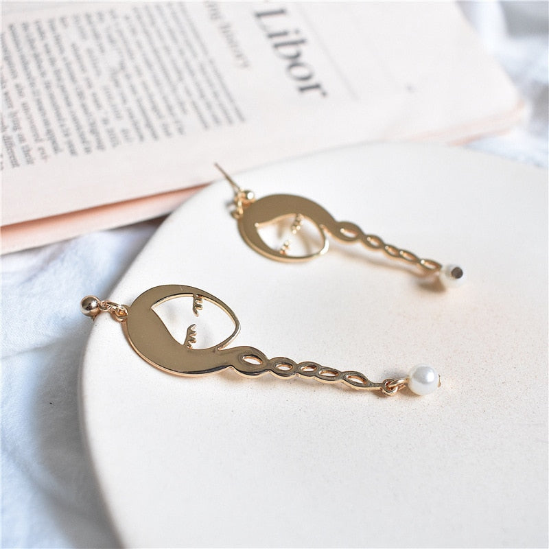 Gold Color Hollow Long Hair Girls Face Imitation Pearl Drop Earrings Metal Cute Human Figure Long Dangle Earrings Woman Jewelry
