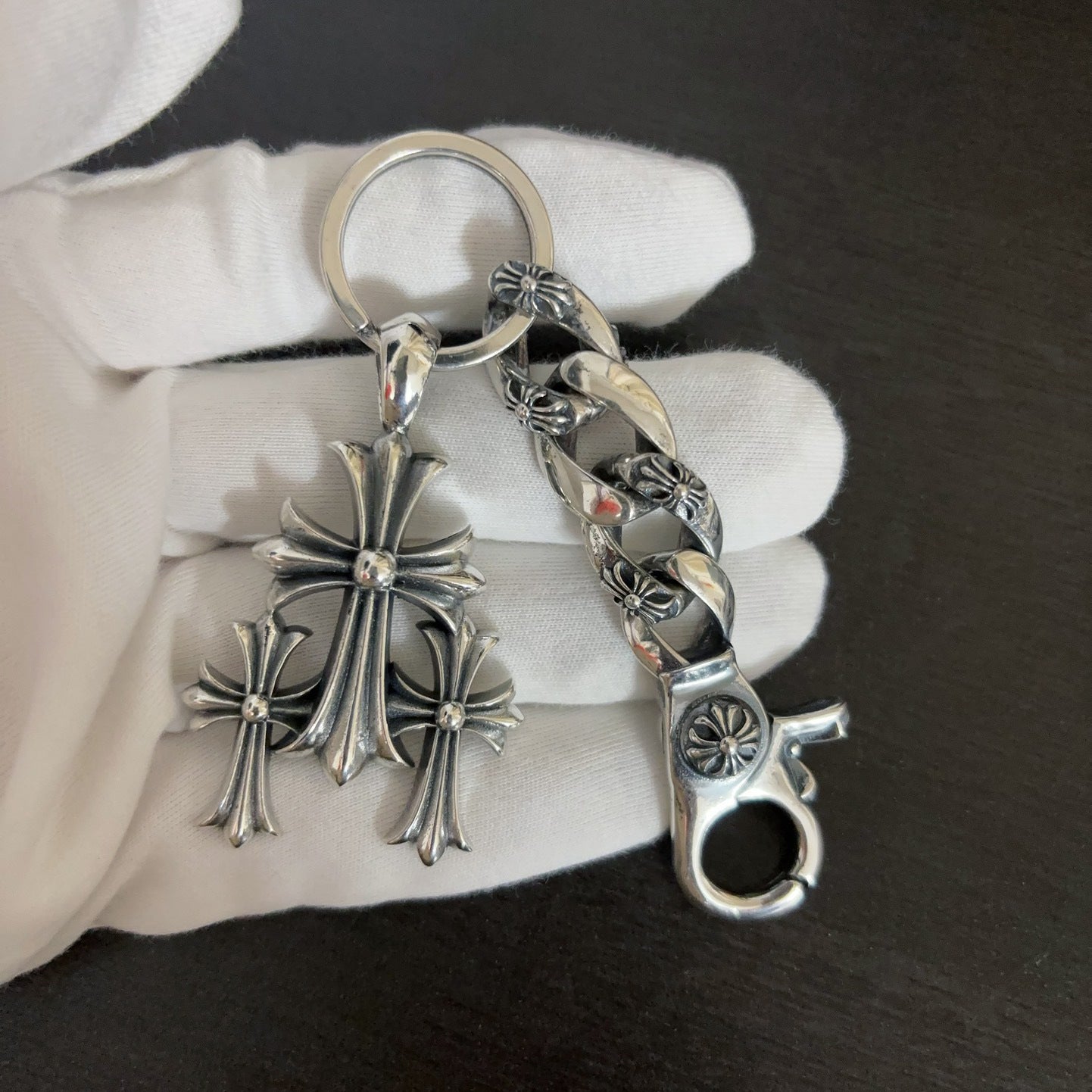 Vintage Thai Silver Three-in-One Cross Pendant Accessory, Trendy Hip-Hop Punk Style Personalized Charm, Couple Keychain