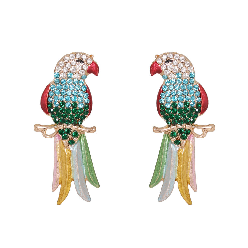 Retro full diamond colored cute animal bird lady earrings and earrings