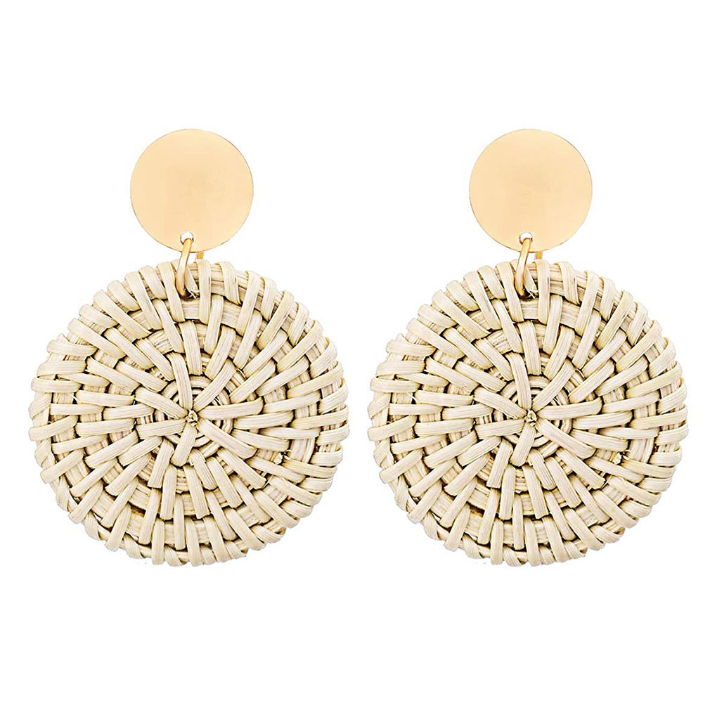 Rattan Round Cake Shaped Pendant Earrings Wooden Handmade Earrings