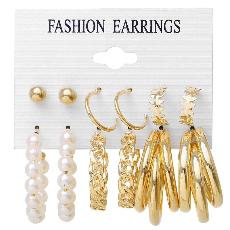 Earrings 3-piece set of geometric pearl circle earrings, chain earrings, round bead earrings, combination set