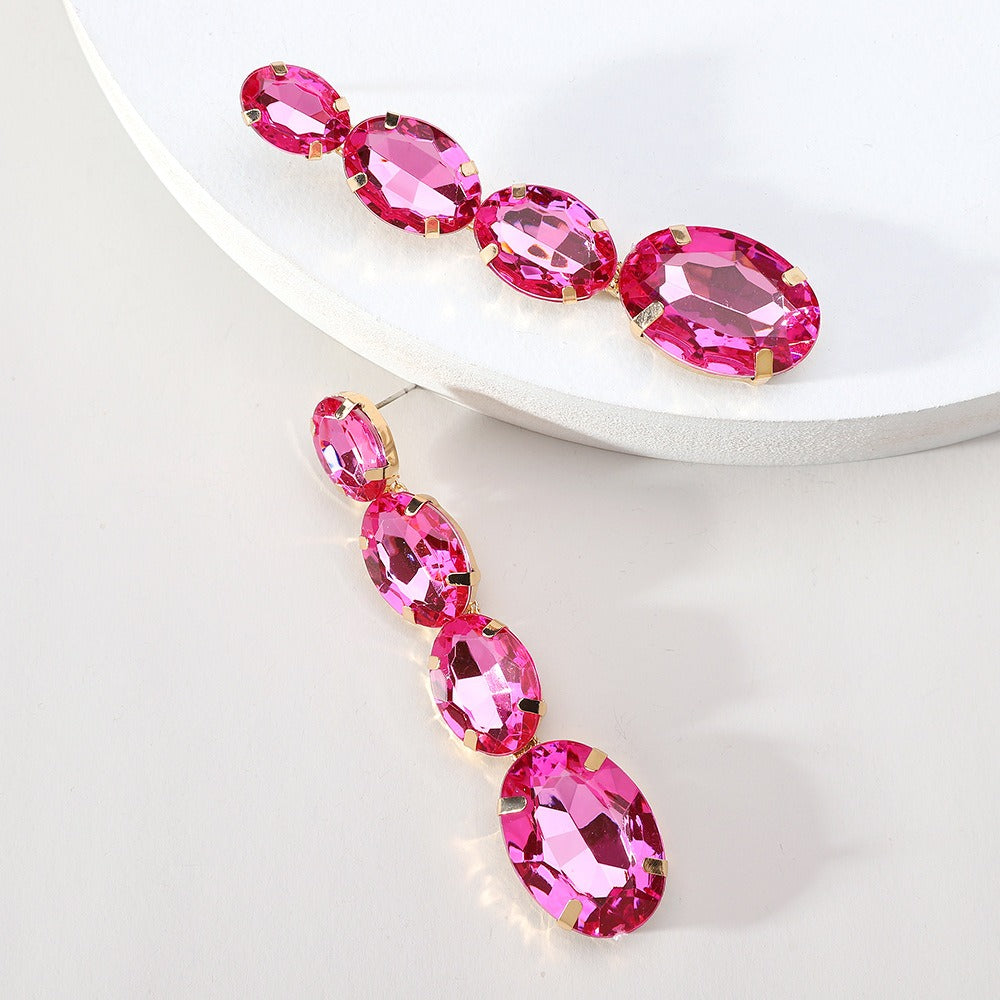 Oval crystal long pendant earrings, elegant, feminine, niche design earrings