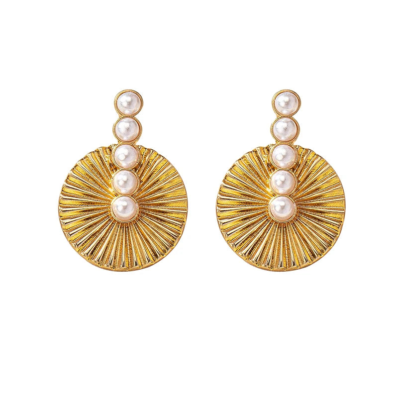Geometrically advanced stainless steel earrings with pearl round fan-shaped earrings
