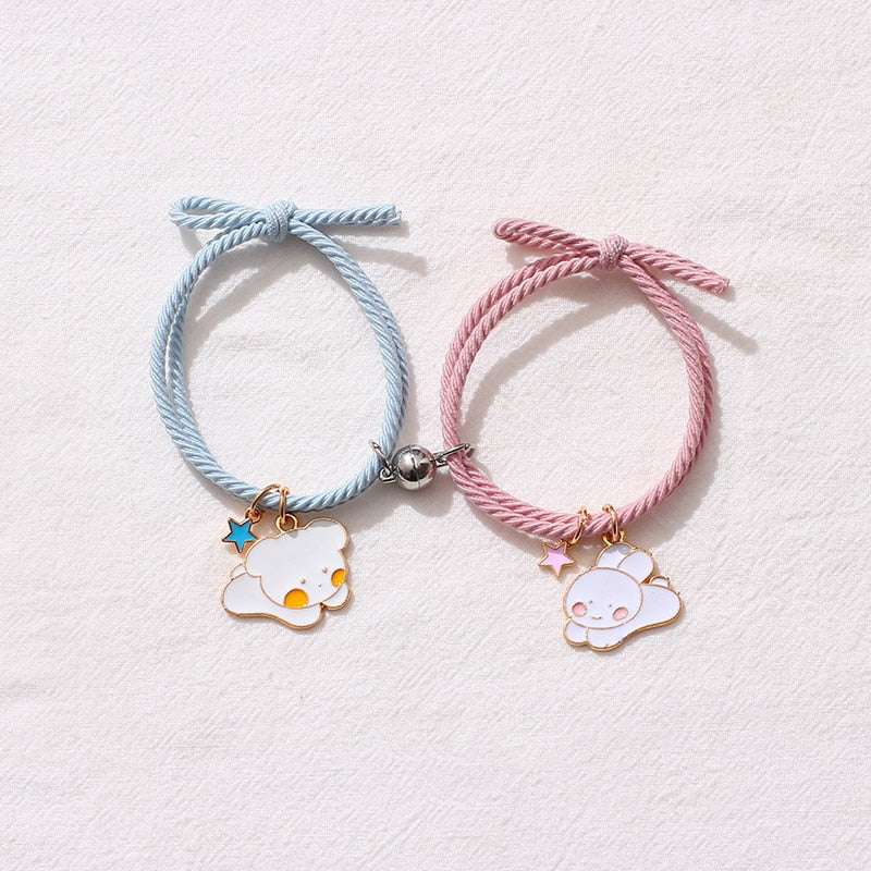 2pcs / Set Magnet Attracts Couple Bracelet Cute Cartoon Charm Jewelry Adjustable Elastic Rope Bracelets Lover Gift for Women Men