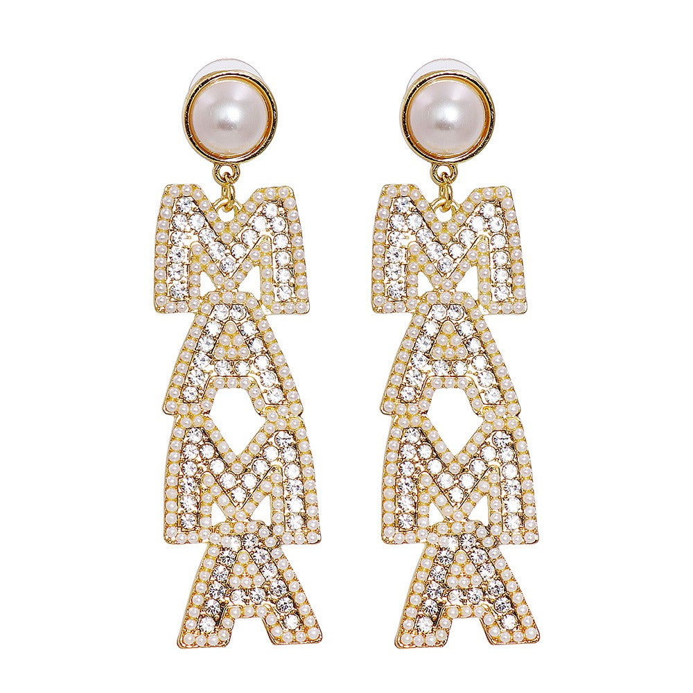 Minimalist Pearl Set Diamond Earrings Letter MAMA Earrings