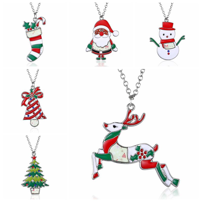 Rinhoo Christmas Necklace Enamel Jewelry Print snowman deer socks Christmas tree  Pendant Necklace new year gift