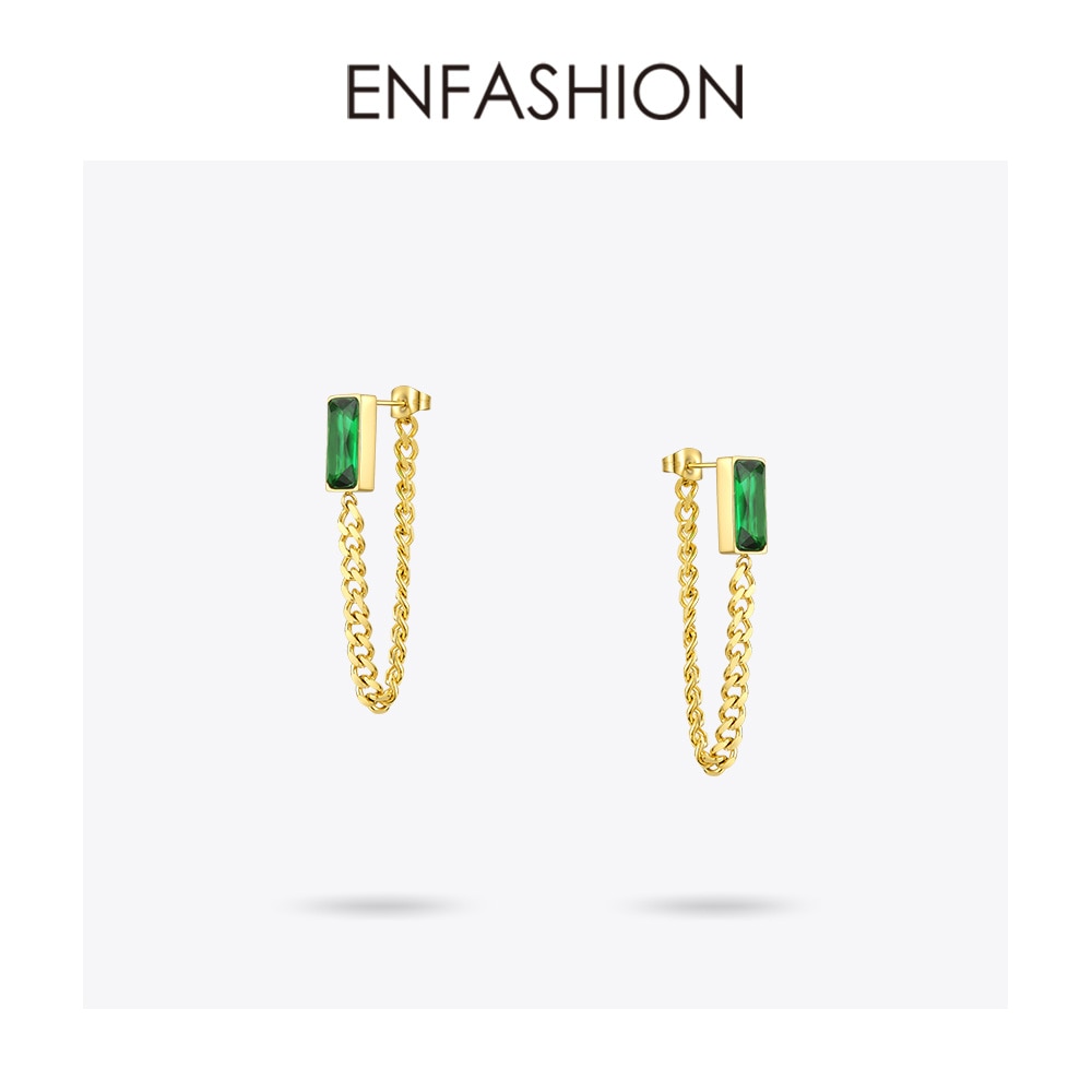 ENFASHION Green Stone Drop Earrings For Women Gold Color Stainless Steel Brincos Chain Dangle Earings Fashion Jewelry 2020 E1194