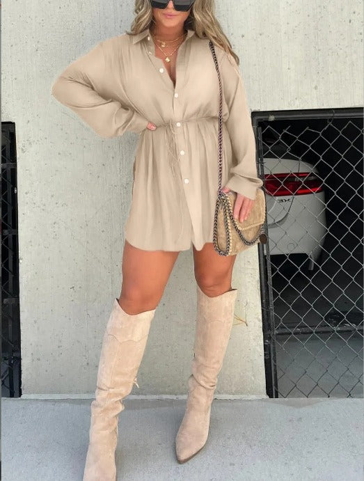 Fashion solid color long sleeved shirt jumpsuit