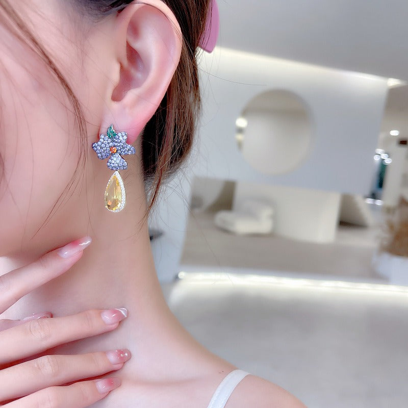 Zircon Earrings S925 Silver Needle Flower Water Drop Earrings