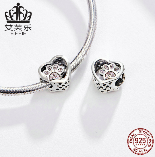 S925 Sterling Silver Heart Pet Paw Print Set Pink Diamond DIY Bracelet Beaded Silver Jewelry Accessories