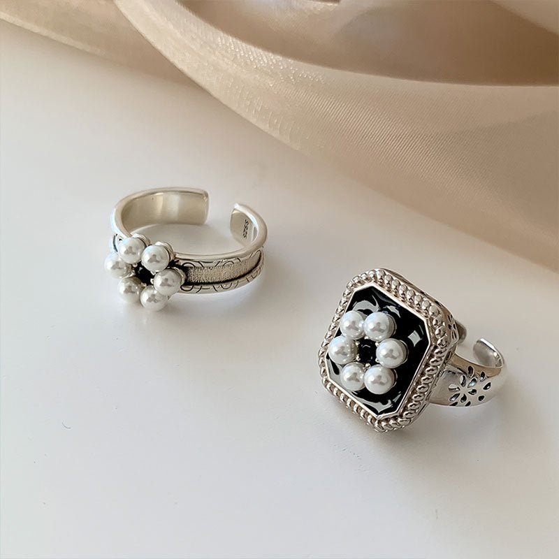 S925 Sterling Silver Rings for Women Fashion Simplicity Geometry Pearl Flower Adjustable Opening Rings Jewelry