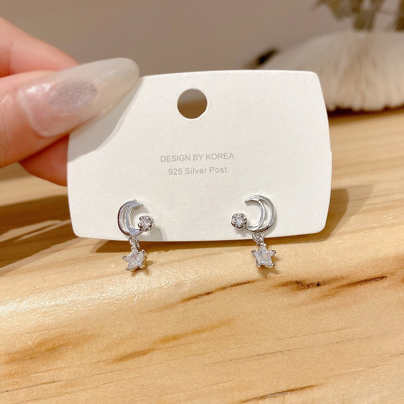 S925 Silver Needle Crystal Star Moon Earrings Star Earrings Female