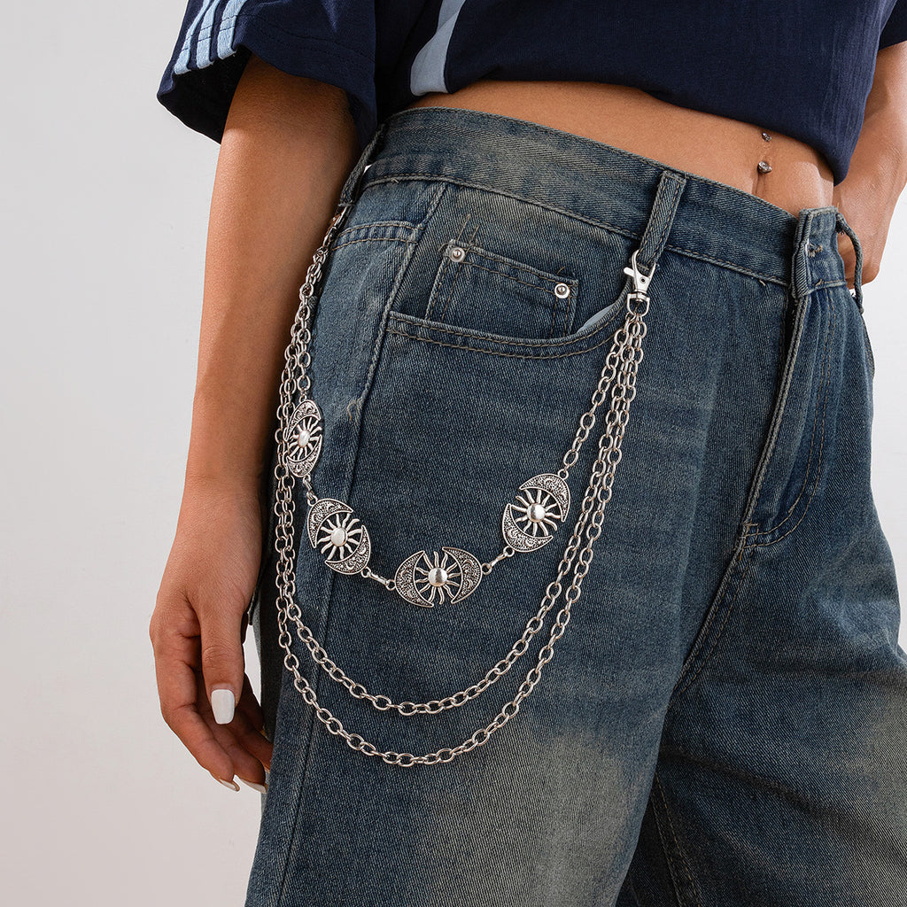 Punk style Moon Teeth Mushroom Cross Chain Pants Chain Street Fashion Multi layer Alloy Waist Chain
