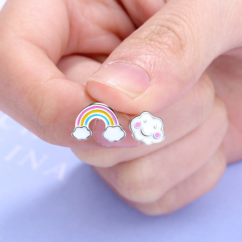 Sterling Silver Simple Cute Rainbow Cloud Asymmetric Stud Earrings With Earring Jewelry For Girls S-E956