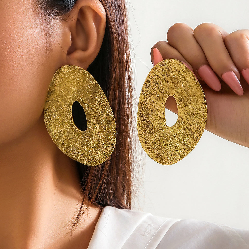 Exaggerated French round metal earrings with simple irregular texture earrings
