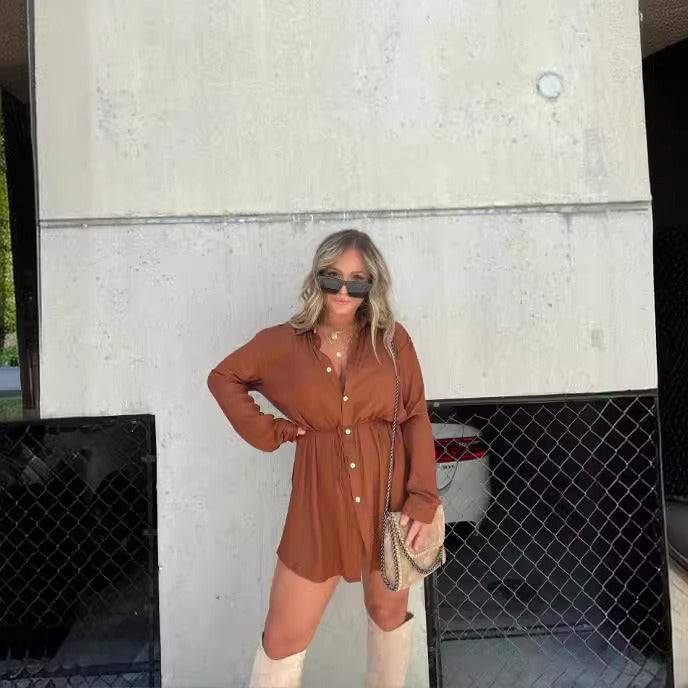 Fashion solid color long sleeved shirt jumpsuit