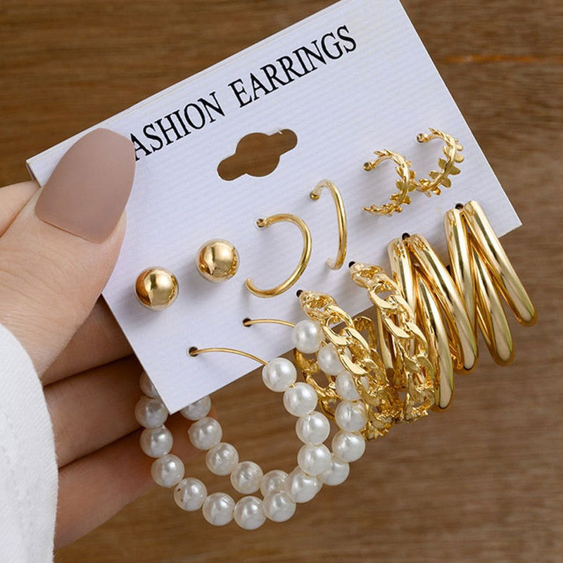 Earrings 3-piece set of geometric pearl circle earrings, chain earrings, round bead earrings, combination set