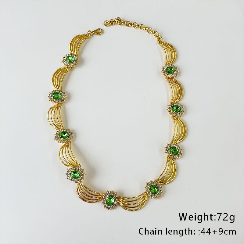 Fashion alloy diamond set emerald necklace for women
