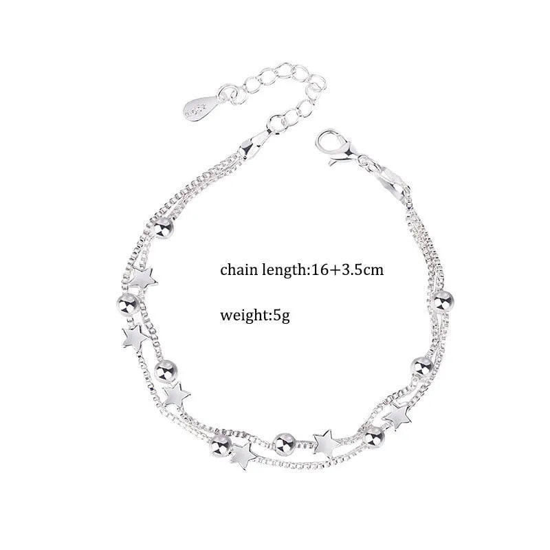 DAIWUJAN 925 Sterling Silver Double Layers Stars Beads Bracelets For Women Elegant Box Chain Charm Bracelet Birthday Party Gift