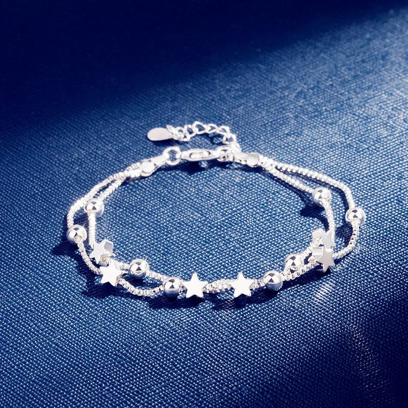 DAIWUJAN 925 Sterling Silver Double Layers Stars Beads Bracelets For Women Elegant Box Chain Charm Bracelet Birthday Party Gift