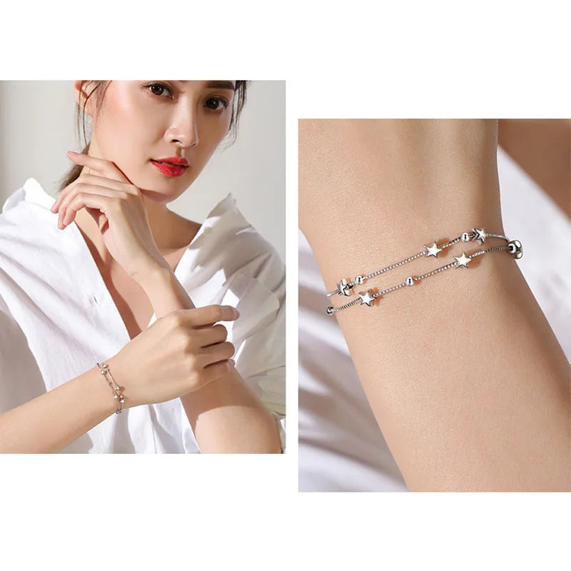 DAIWUJAN 925 Sterling Silver Double Layers Stars Beads Bracelets For Women Elegant Box Chain Charm Bracelet Birthday Party Gift
