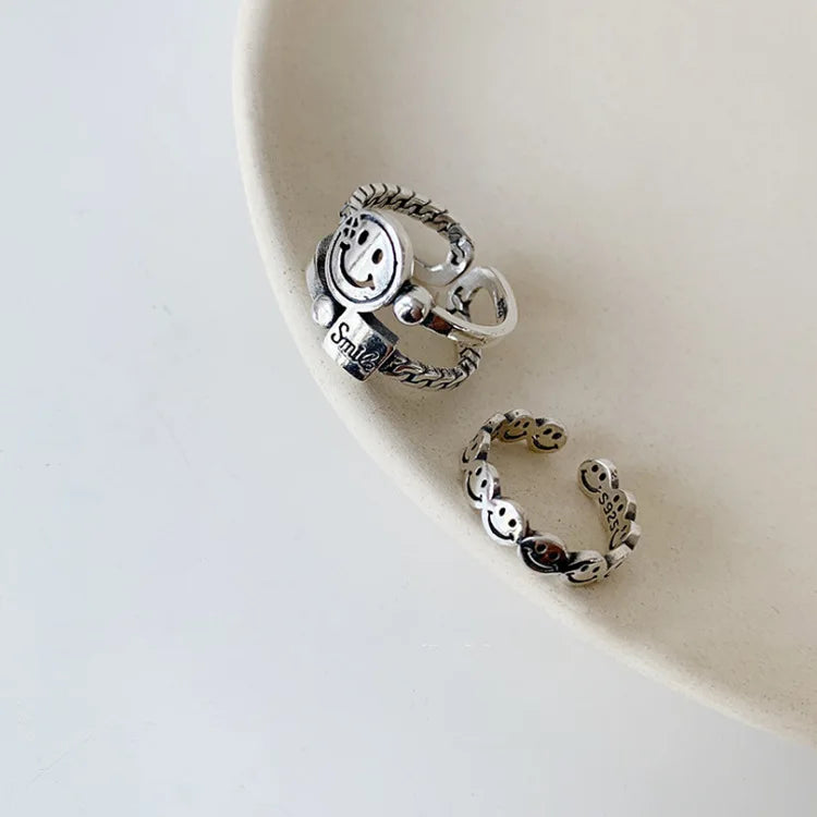 Vintage Smiling Face Finger Rings for Women Girl Punk Hip Hop Opening Adjustable Ring Weaving Rings Statement Jewelry Gift