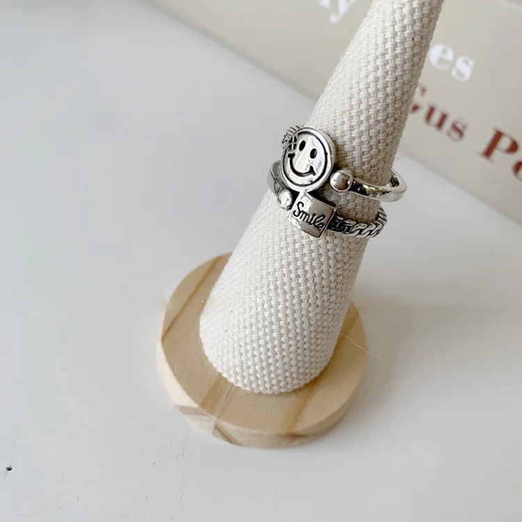 Vintage Smiling Face Finger Rings for Women Girl Punk Hip Hop Opening Adjustable Ring Weaving Rings Statement Jewelry Gift
